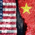 A split image showing the American flag on one side and the Chinese flag on the other