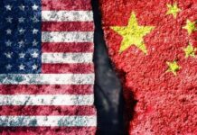 A split image showing the American flag on one side and the Chinese flag on the other