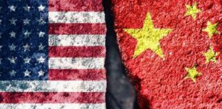A split image showing the American flag on one side and the Chinese flag on the other