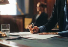 Person writing at desk with documents and glass.