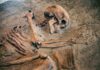 Human skeleton partially unearthed in soil