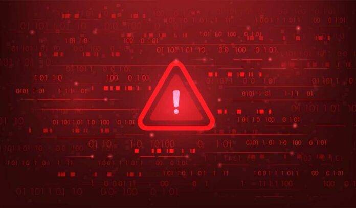 Warning triangle icon on red digital background