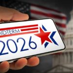 Late-Night Call Shakes 2026 Battlefield Hand holding a smartphone displaying 'MIDTERM 2026' with a star and American flag in the background