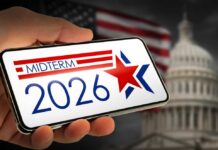 Hand holding a smartphone displaying 'MIDTERM 2026' with a star and American flag in the background