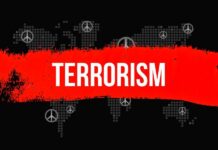 Graphic representation of terrorism with peace symbols and a bold red stripe