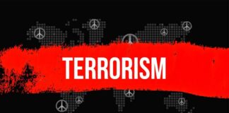 Graphic representation of terrorism with peace symbols and a bold red stripe