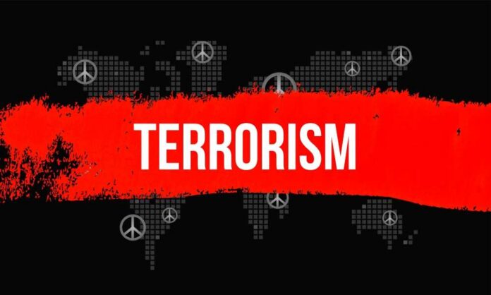 shutterstock_645862684 Graphic representation of terrorism with peace symbols and a bold red stripe