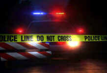 Shots Fired — Cop Charged In Killing Police car with flashing lights behind caution tape.