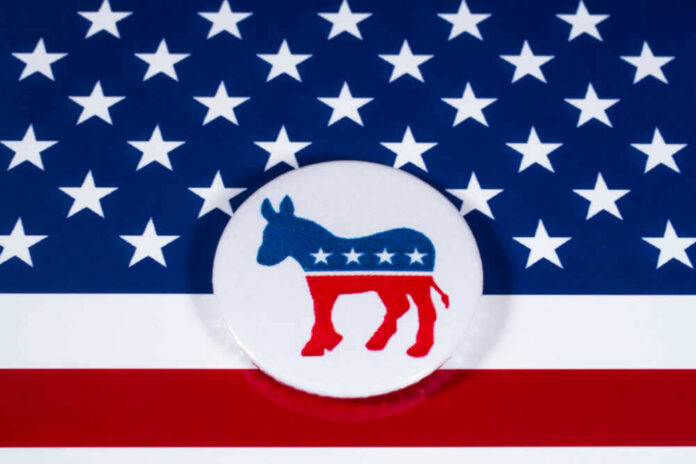 Democratic Party donkey on American flag background.