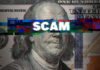 Dollar bill glitch effect with scam text overlay