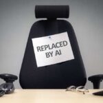 Empty office chair with a sign pinned to the backrest